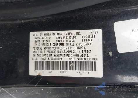 2013 Honda Accord Ex from USA, damaged, VIN 1HGCT1A77DA006241